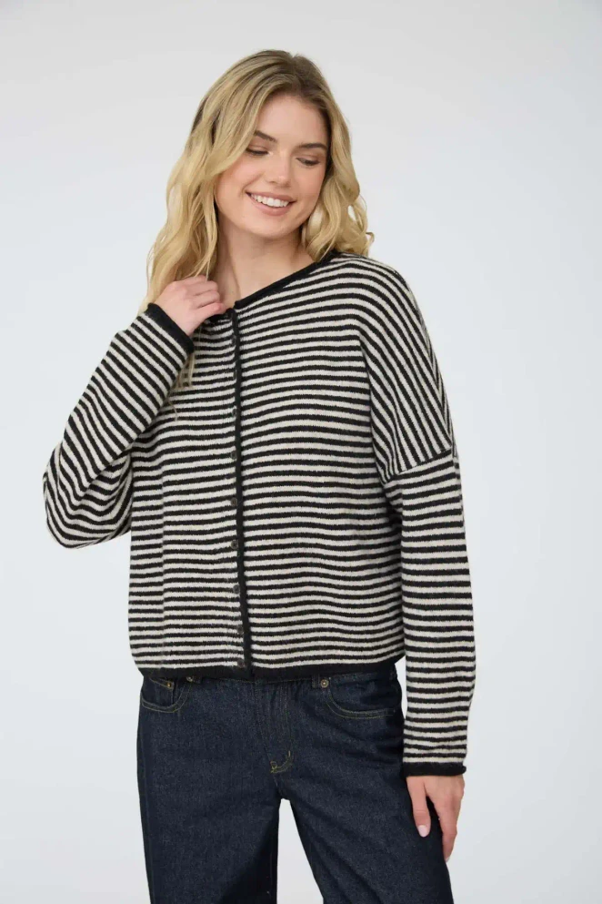 STRIPE RAW EDGE LONG SLEEVE CARDIGAN