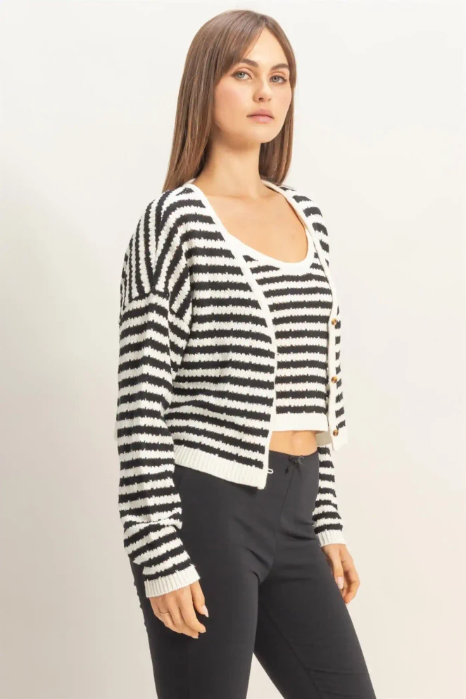STRIPED V NECK CARDIGAN