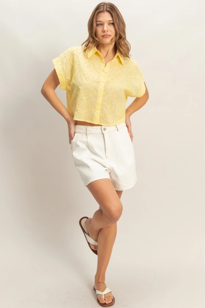 EYELET CROPPED BUTTON UP SHIRT