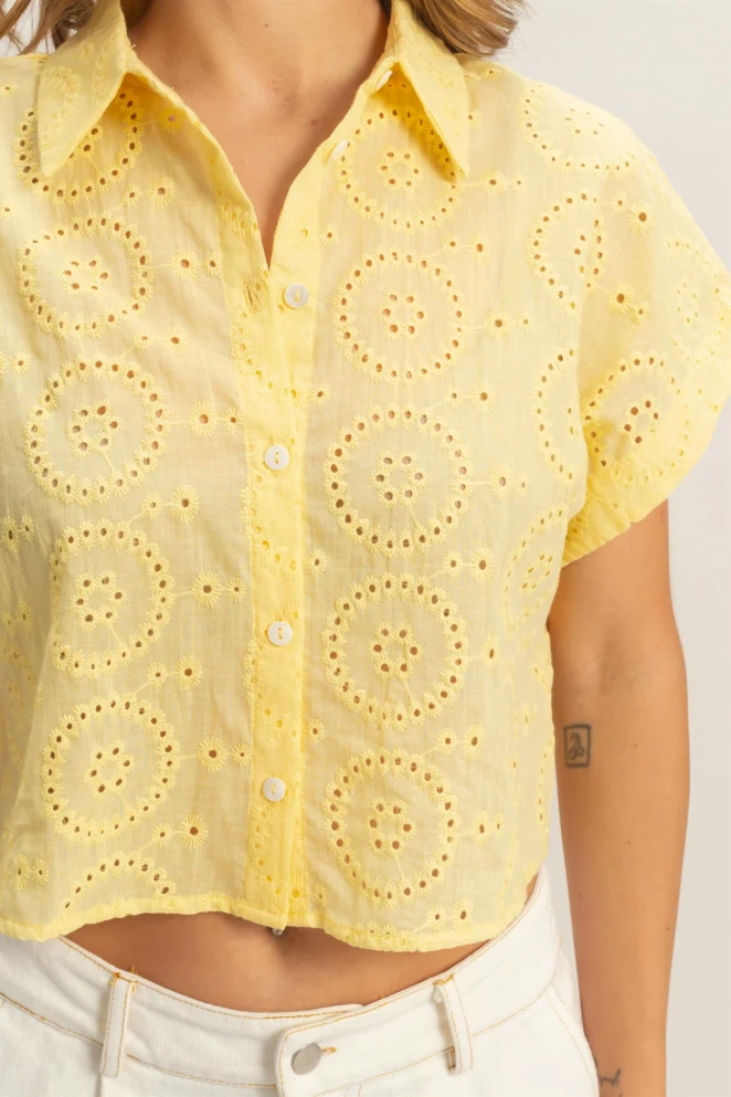EYELET CROPPED BUTTON UP SHIRT