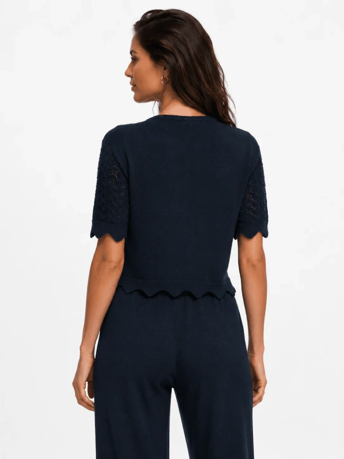SHORT SLEEVE FRONT TIE CROCHET RIBBED TOP