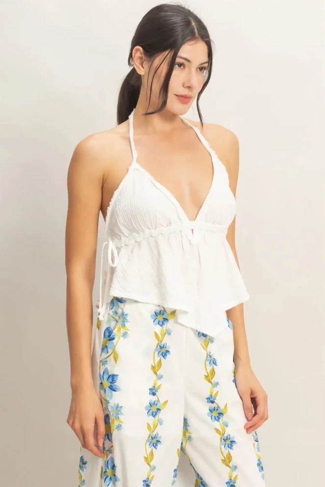 TEXTURED HALTER TIE WAIST TOP