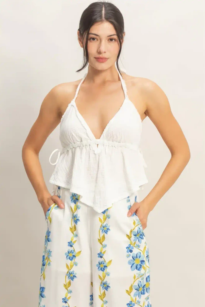 TEXTURED HALTER TIE WAIST TOP