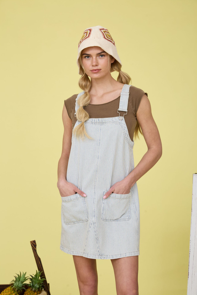 STRIPE DENIM OVERALL MINI DRESS
