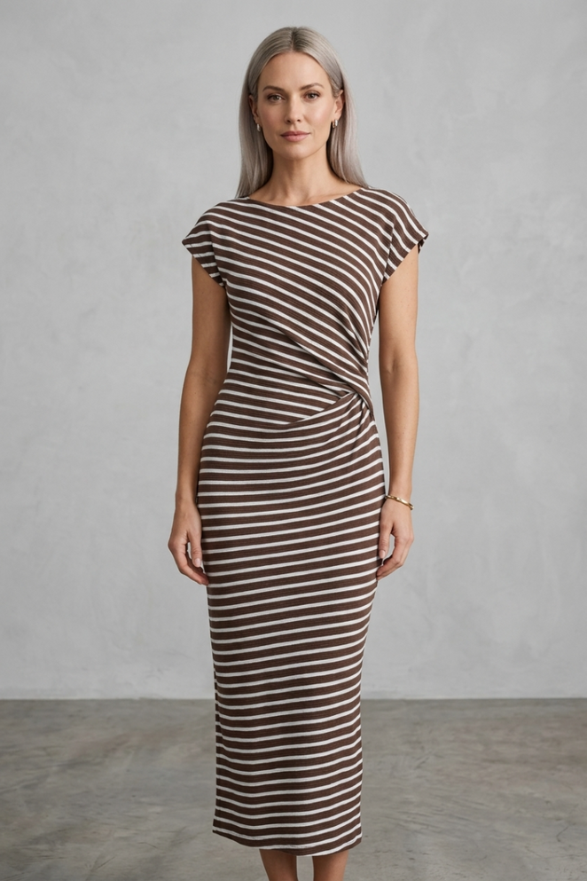 WIDE ROUND NECK CAP SHORT SLEEVE STRIPE MIDI DRESS