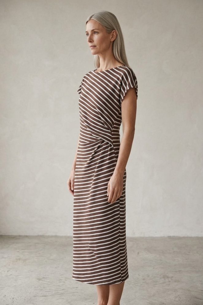 WIDE ROUND NECK CAP SHORT SLEEVE STRIPE MIDI DRESS