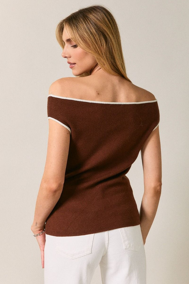 OFF SHOULDER SLEEVELESS CONTRAST PIPING SWEATER TOP