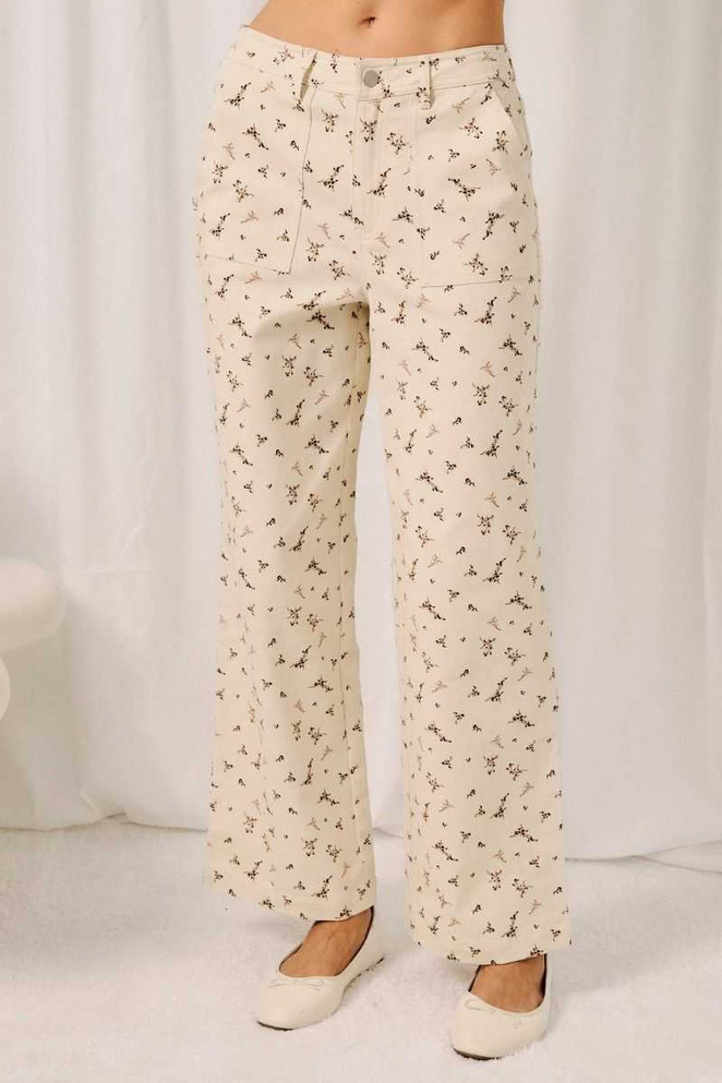 HIGH RISE FLORAL PRINT TWILL PANTS