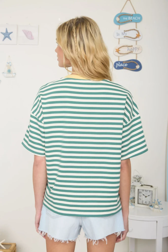 STRIPE COLOR BLOCK DETAIL SHORT SLEEVE KNIT T-SHIRT