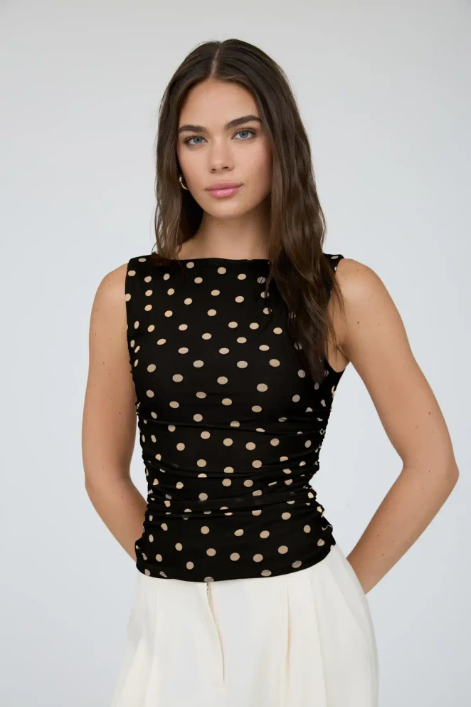 POLKA DOT BOAT NECK SLEEVELESS MESH KNIT TOP