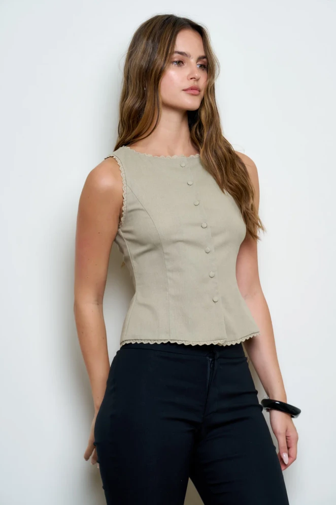 SCALLOP LACE TRIM BUTTON DOWN SLEEVELESS VEST TOP