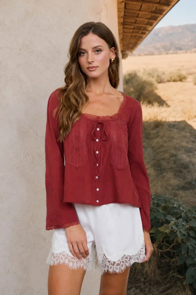 SCOOP NECK FRONT TIE LACE TRIM LONG SLEEVE TOP