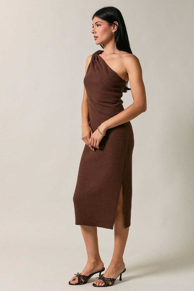 ASYMMETRIC ONE SHOULDER CUT OUT NECKLINE MIDI DRESS
