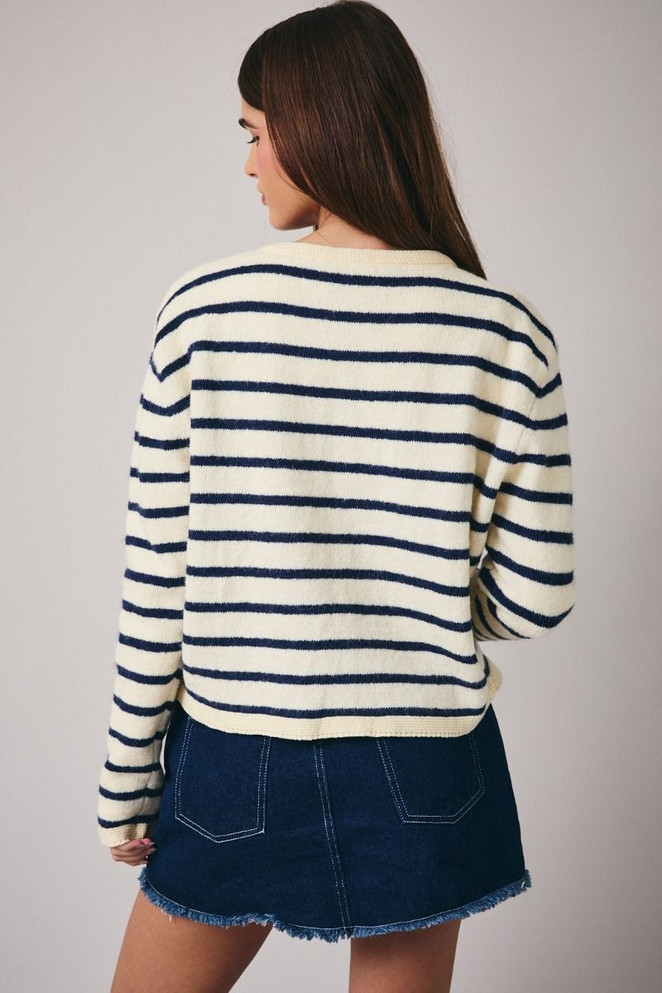 ROUND NECK LONG SLEEVE STRIPE CARDIGAN