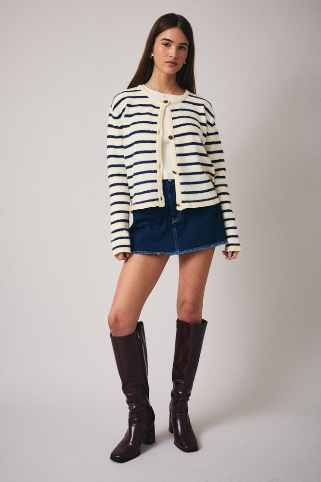 ROUND NECK LONG SLEEVE STRIPE CARDIGAN