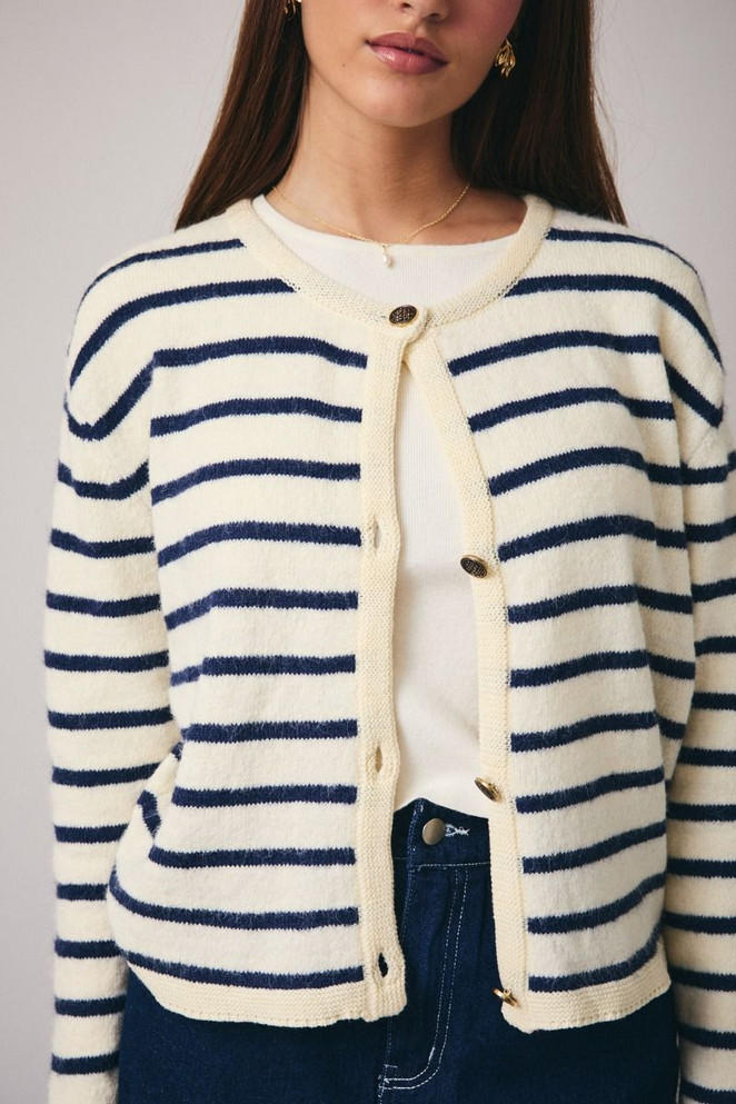 ROUND NECK LONG SLEEVE STRIPE CARDIGAN