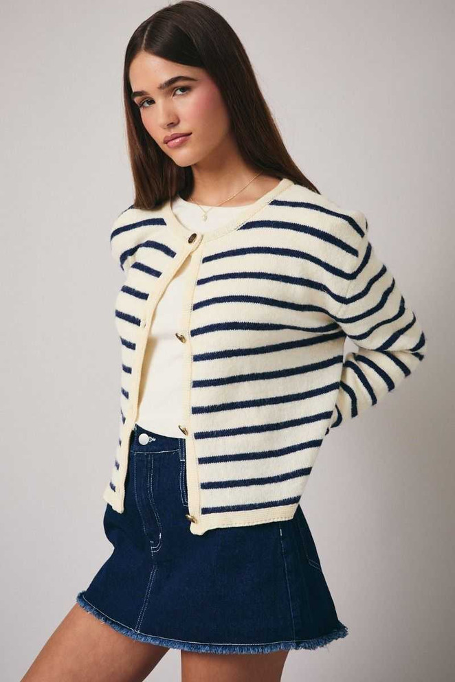 ROUND NECK LONG SLEEVE STRIPE CARDIGAN