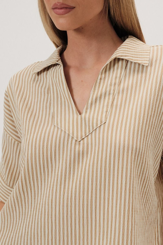 COLLARED SPLIT NECK ELBOW SLEEVE LINEN TOP