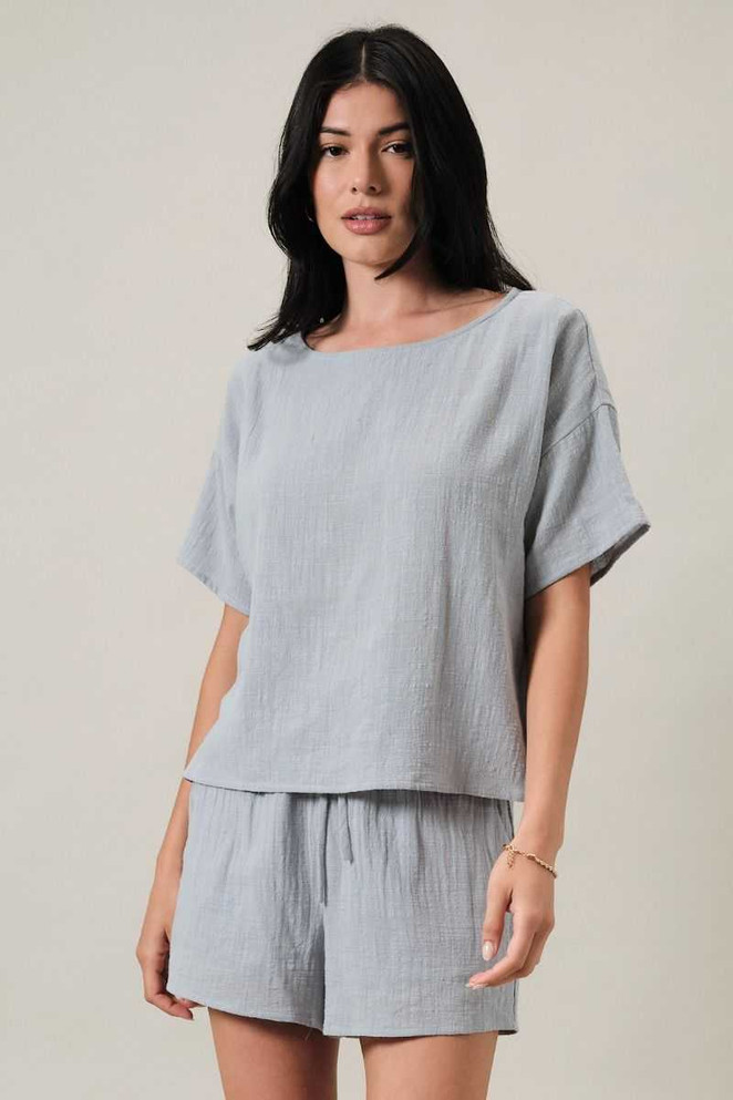 BOAT NECK SHORT SLEEVE DROP SHOULDER BOXY TOP