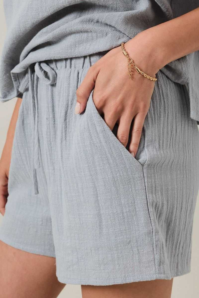 HIGH WAIST DRAWSTRING ELASTIC WAIST SHORTS WITH POCKET