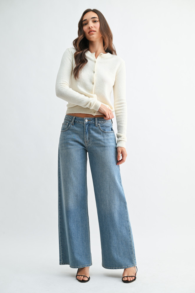STRETCH MID RISE PALAZZO DENIM