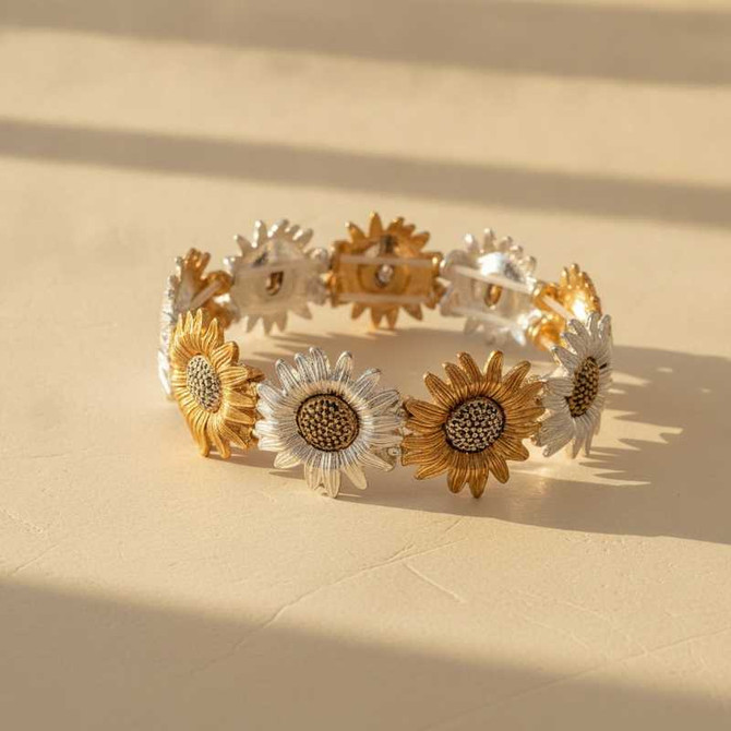 TWO-TONE SUNFLOWER STATEMENT BRACELET - ELEGANT MIXED GOLD & SILVER FLORAL JEWELRY
