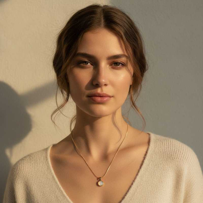 GOLD SNAKE CHAIN NECKLACE WITH ROUND MOTHER OF PEARL PENDANT