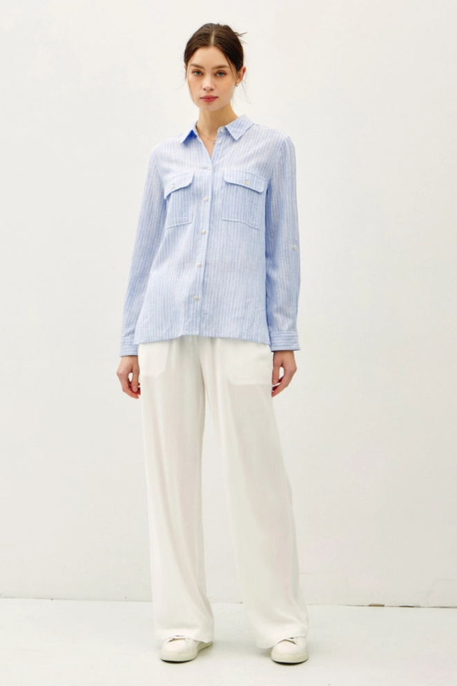 LINEN BLEND STRIPED BUTTON UP SHIRT