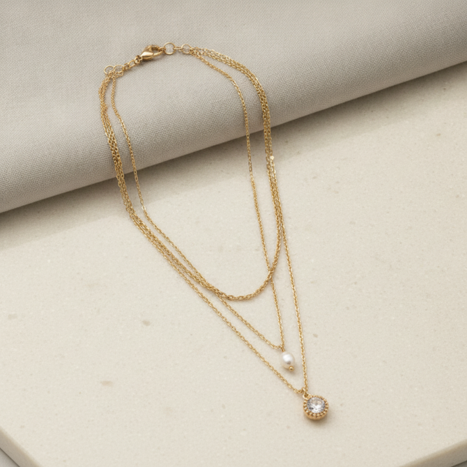 MULTI-LAYERED CHAIN NECKLACE PEARL DROP AND ROUND CRYSTAL