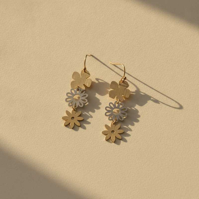 GOLD AND SILVER THREE TIERED FLORAL DANGLE EARRINGS