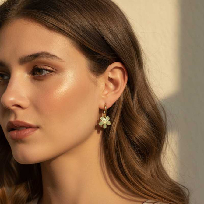 GOLD RECTANGULAR HOOPS WITH DAINTY SAGE GREEN FLORAL CHARMS
