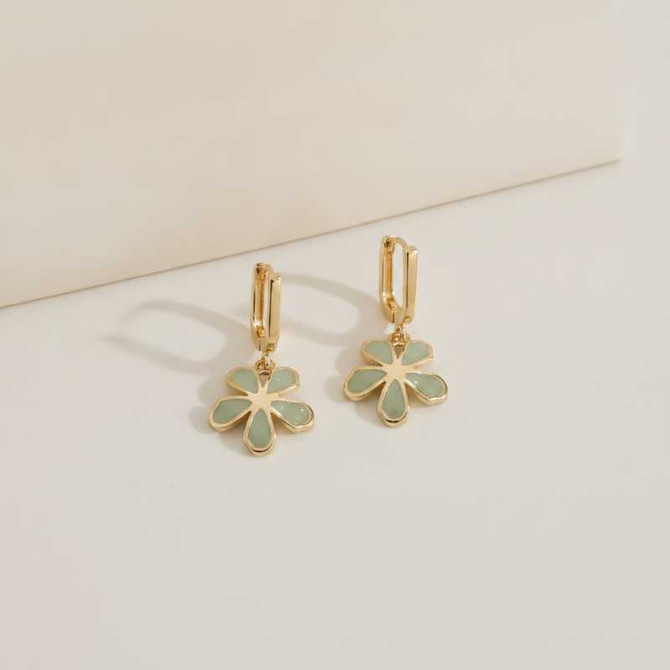 GOLD RECTANGULAR HOOPS WITH DAINTY SAGE GREEN FLORAL CHARMS