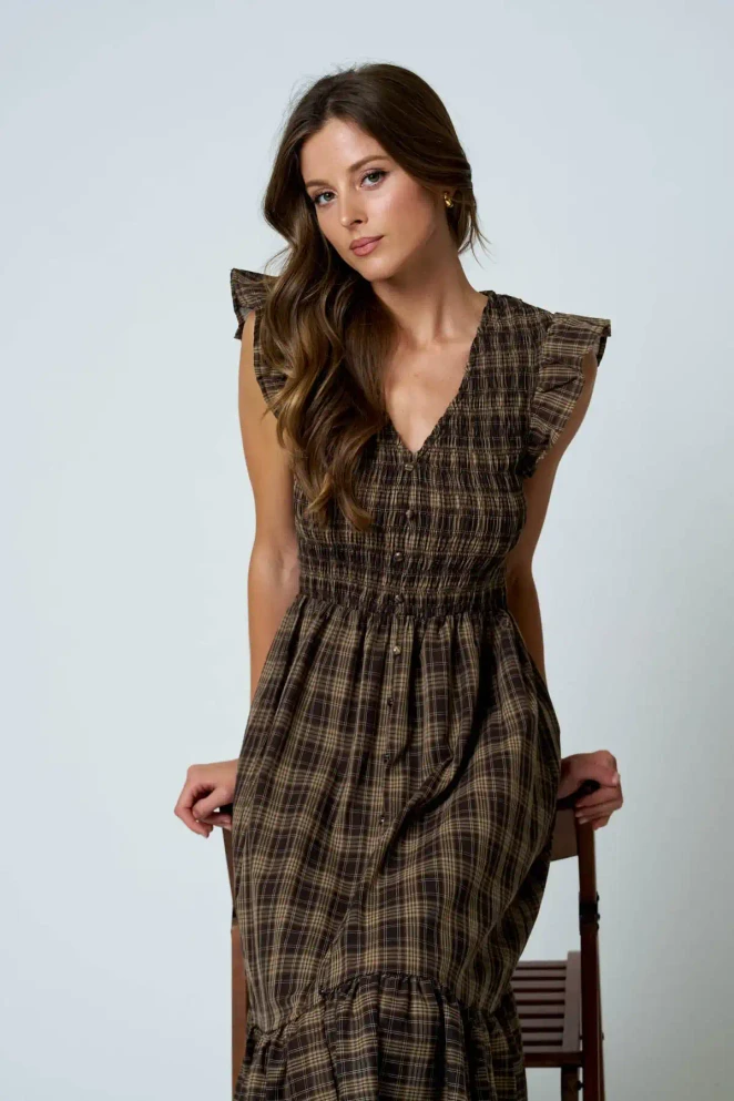 PLAID SMOCKED V NECK RUFFLED MIDI DRESS