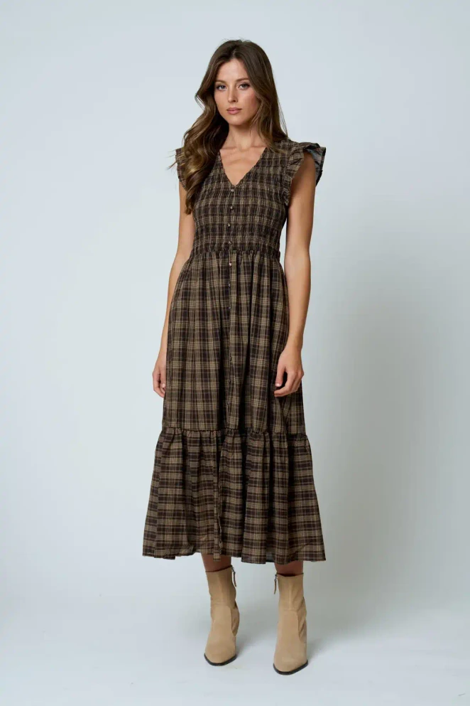 PLAID SMOCKED V NECK RUFFLED MIDI DRESS