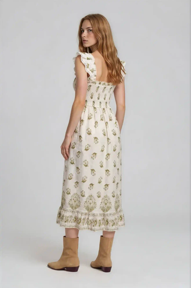 FLORAL BORDER HEM TRIM SMOCKED MIDI DRESS