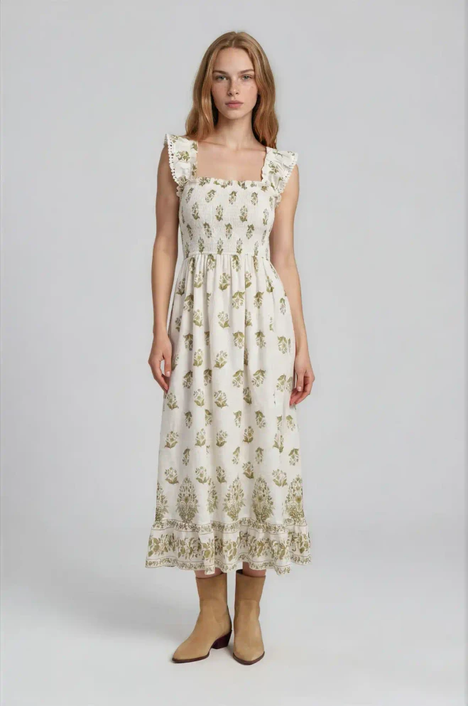 FLORAL BORDER HEM TRIM SMOCKED MIDI DRESS
