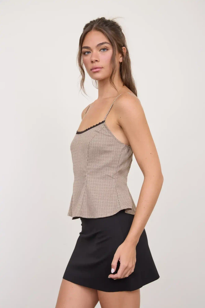 HOUNDSTOOTH LACE TRIM PEPLUM SPAGHETTI CAMI