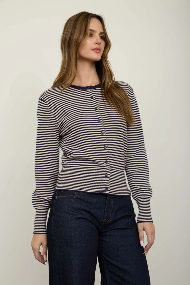 STRIPE ROUND NECK RIBBED HEM CARDIGAN