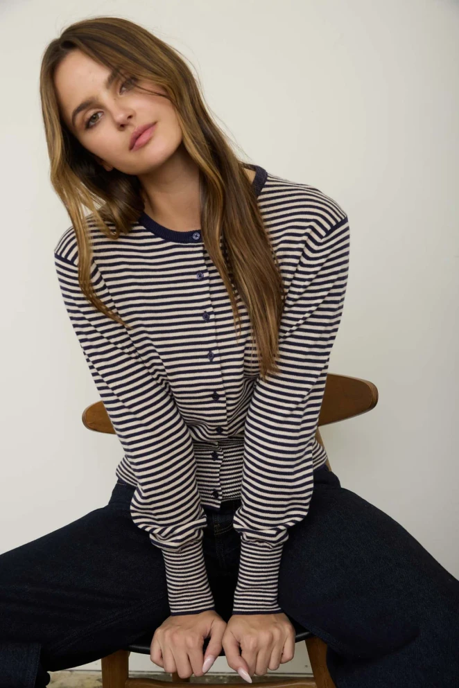 STRIPE ROUND NECK RIBBED HEM CARDIGAN