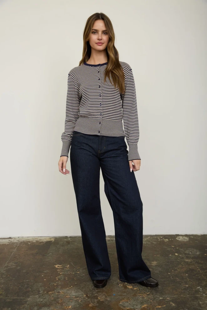 STRIPE ROUND NECK RIBBED HEM CARDIGAN