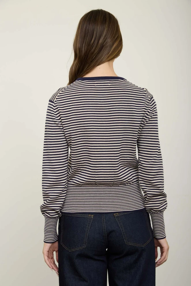 STRIPE ROUND NECK RIBBED HEM CARDIGAN