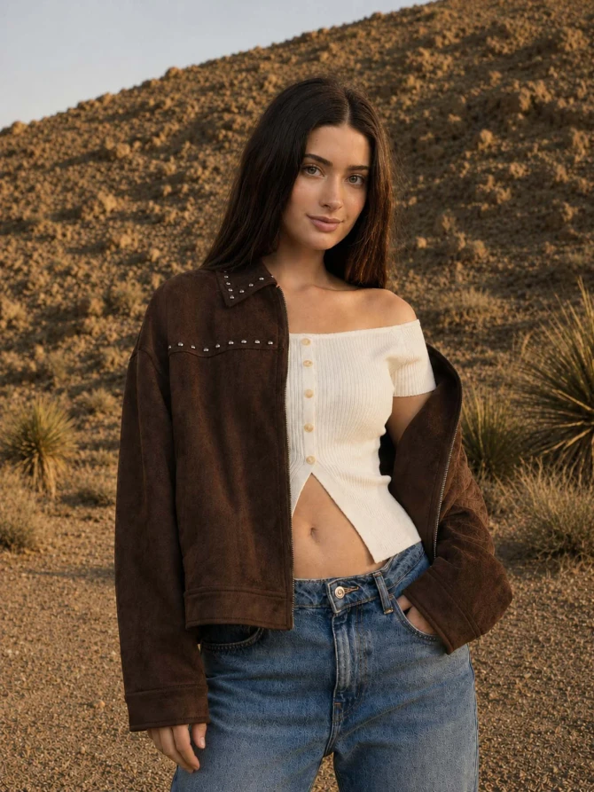 STUDDED COLLARED ZIP-UP SUEDE JACKET