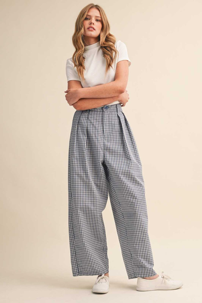 CHECK PATTERN PINTUCK PANTS