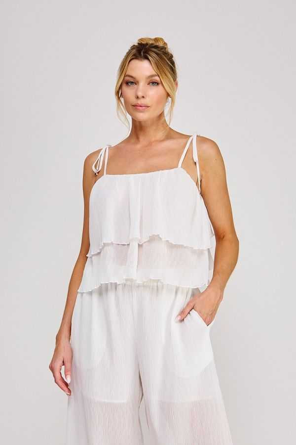 TEXTURED WOVEN TIE STRAP RUFFLE LAYER TOP