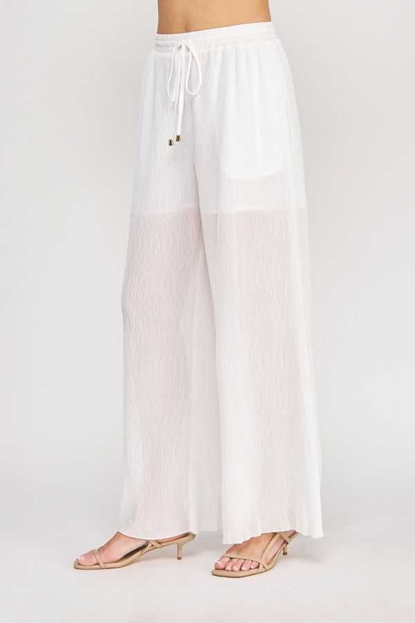 TEXTURED WOVEN ELASTIC TIE WAIST WIDE LEG PANTS