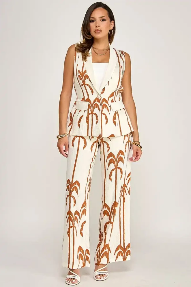 ELASTIC WAIST POCKETS WIDE LEG PALM PANTS