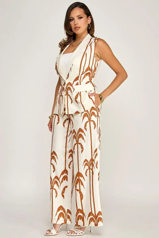 ELASTIC WAIST POCKETS WIDE LEG PALM PANTS