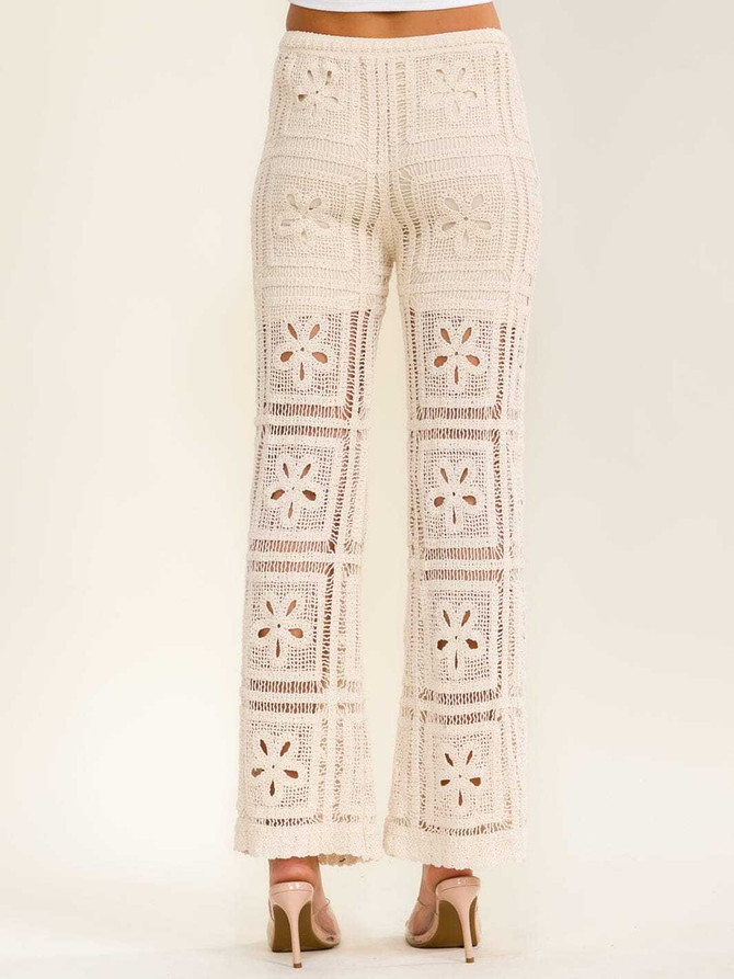 ELASTIC WAIST FLORAL CROCHET STRAIGHT LEG PANTS