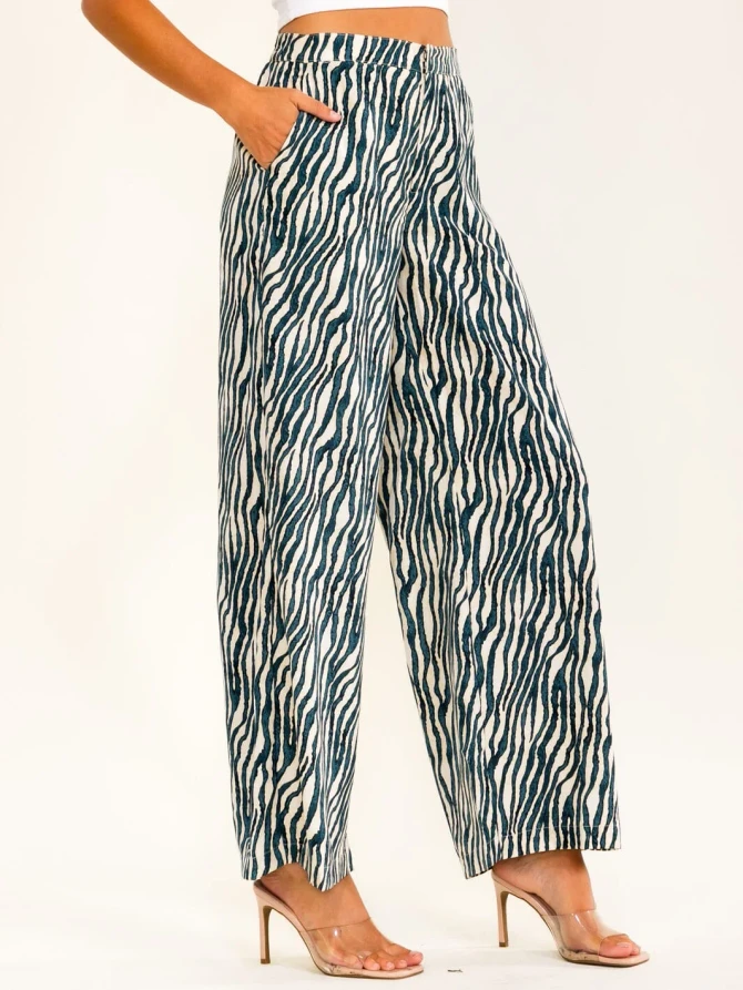 ELASTIC WAIST FRONT ZEBRA PRINT WIDE LEG PANTS