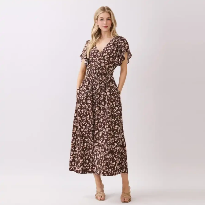 V NECK ELASTIC WAIST TIE MAXI DRESS